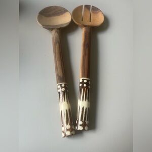 African olive tree carved salad servers with glazed artistic handles